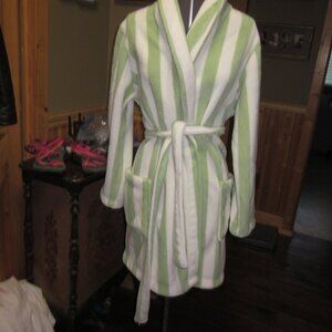 plush fleece robe knee length tie front apple green white stripe Med